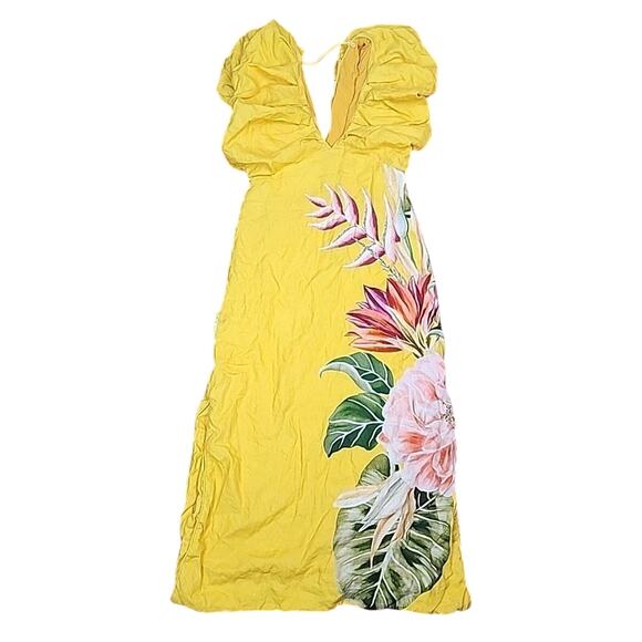 FARM Rio Linen Spring Awakening Midi Dress | Yellow Floral | Size Small - Picture 1 of 8